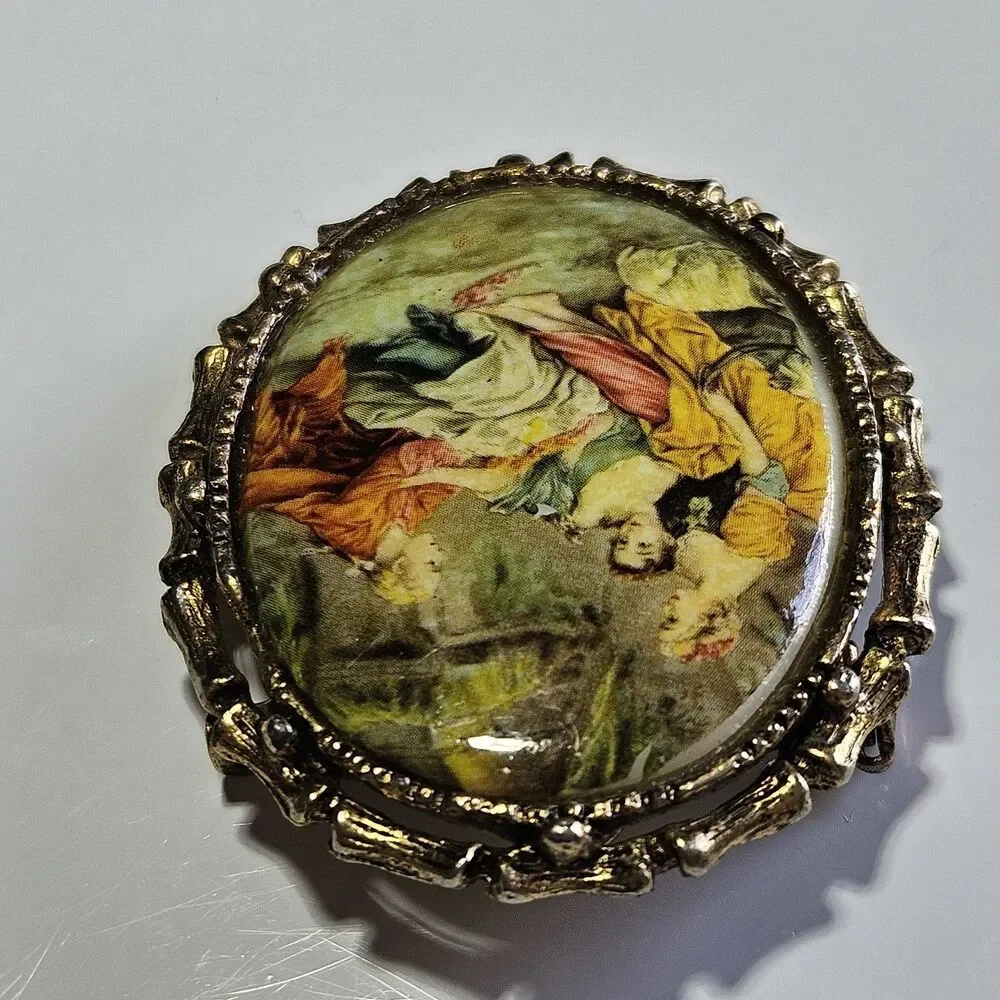 Vintage Gold Tone Porcelain Serenade Cameo Brooch